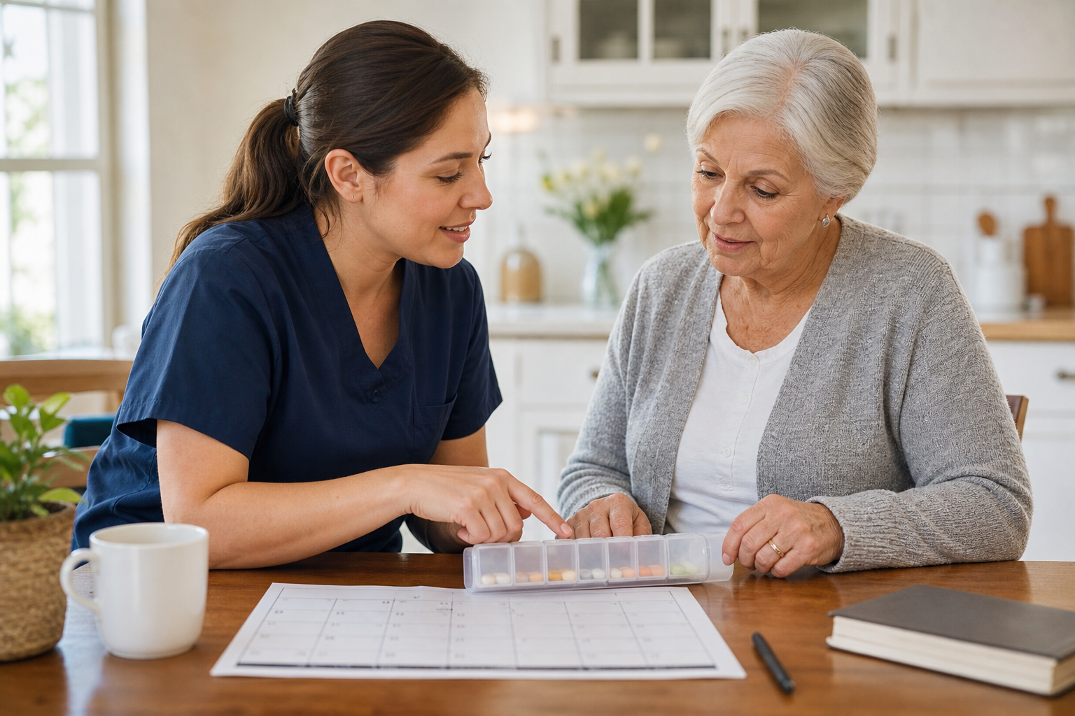 Caregiver reviewing a pill organizer reminder